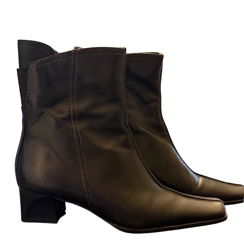 COSMO‎ Paris Black Leather Square Toe Block Heel Ankle Boots Womens Size 36